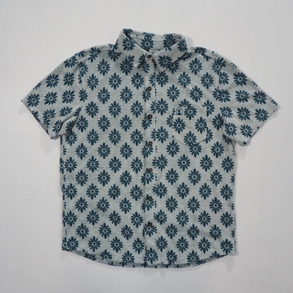 Dandy Del Mar Shirt Mens Extra Large Gray Blue Floral Terry Cloth Short Sleeve